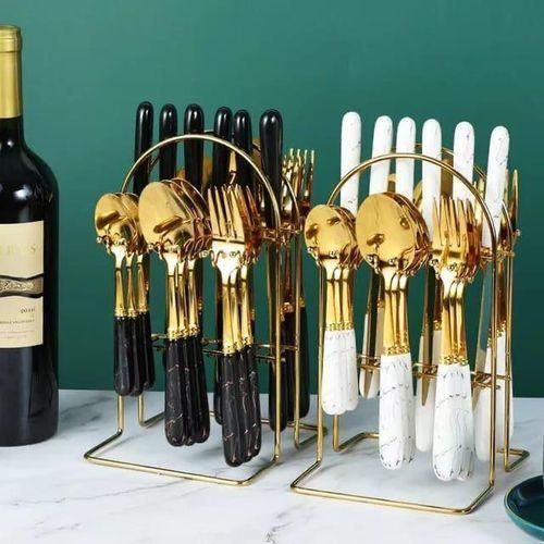 24-Piece Stainless Steel Flatware Set with Ceramic Marble Style Handles and Organizer Stand - Premium Heavyweight Cutlery Set Service for 6, Dinner Knives, Dinner Forks, Table Spoons, and Teaspoons
