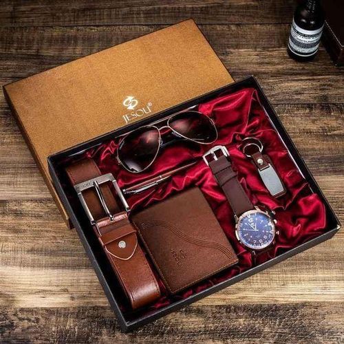 Mens Gift Set Exquisite Packaged6pcs Mens Gift Set with Box Brown Leather Belt Wallet Watch Glasses Keychain Ballpoint Pen Gifts for Men