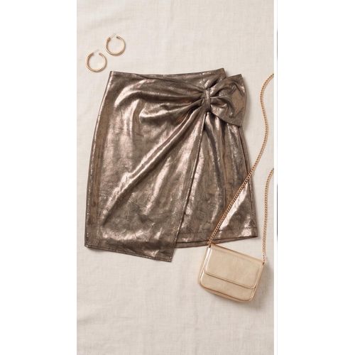 Metallic Gold Textured High-Waist Mini Skirt with Side Bow Detail - Crinkle Foil Finish Wrap Skirt Thrifted