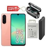 product_image_name-Samsung-Galaxy A26 5G, 6.7'' 6GB RAM + 128GB ROM, 50MP -Peach Pink  +  Travel Adapter  , F9 Earbuds & Power Bank -1
