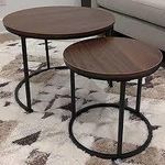 product_image_name-Generic-Two round walnut-finish nesting coffee tables with black metal frames. BROWN-2
