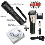 BEST BRIGHT TORCH // 3-in-1 Rechargeable Self-Defense Electric Shock Laser Pointer Torch Charging Cable+ Free Earbuds i12TWS & Hair Clipper Trimmer