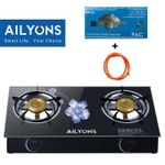 AILYONS Glass Table Top Double Burner Gas Stove -Black + Free Regulator and a Pipe