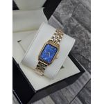 Gold wristwatch, blue dial watch, designer timepiece