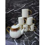 7Pcs Golden Ceramic Tea Set – 6 Mugs + 1 Teapot