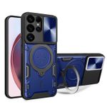 Premium Rotating Ring Kickstand Case for Samsung S22 Ultra – Heavy-Duty Armor Cover with Camera Slide Protection (Blue)