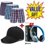 3 Pieces Pure  Cotton Checked Mens Boxers- Multicolor+P47 Headphone+Cap