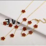 3 in1 four leaf red -flower bracelet necklace set