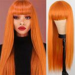 Women Long Straight Neat Bang Wigs  Orange Wig