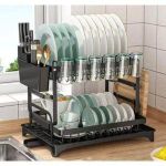 Advanced 2-Tier Black Dishrack – Large Capacity Dish Drainer with Cup Holder & Utensil Rack
