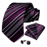 Purple Black And White Striped Necktie With Matching Pocket Square And Cufflinks