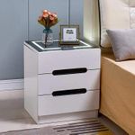 White Modern Wooden Bedside Cabinet with LED Light with two Drawer 