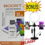 Boost BEST High Speed Memory Card 32GB Card 32GB for Multi-Device Use + TRIPOD STAND RINGLIGHT WITH DOUBLE PHONE  