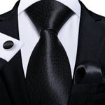product_image_name-Fashion-Black Solid Necktie with Handkerchief and Cufflinks Set-2