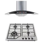 Bolesi Built In Table Top Cooker 4-Gas In Built Cooker Burner Tampered Glass Top Cooker Automatic Ignition High Quality Black (Can Be Used As Inbuilt OR Table Top) + Hood Kitchen -COMBO KIT 1Yr Warranty