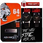 Advance  64GB Flash Disk/64 GB FlashDisk +  Free Fashion Couples Analog Quartz Watches