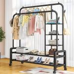 New Design Double pole cloth rack with lower and side storage for shoe and boxes. Has with wheels