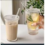 375ml Simple Stripe Glass Cup With Lid and Straw