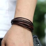 product_image_name-Fashion-1pc 21cm Brown Mens Braided Bracelet Leather Cuff Angle Wristband,Trendy Multi-Layer Braided Bracelet With Alloy Magnetic Clasp For Men - Fashionable Accessory-5