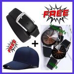 Men Buckle Leather Belt -Black + Free Cap & Couple Watches