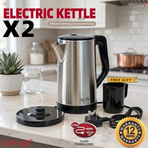 Sonar X2 Stainless Steel 2.0Ltr Electric Kettle,1.5m Power Cord,1500W Fast Boil - Silver & Black (1YR WRTY)