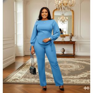 Chiq, Stylish Ladies' Casual 2-Piece Pantsuits (Matching Tie-Wrist Stringed Top and Pants) - Mint Sky Blue. 
