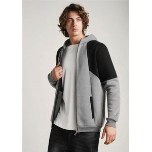 men's slim-fit colorblock pullover hoodie featuring a geometric, asymmetrical patchwork design with taped seams in light grey, mid-grey, and dark charcoal grey.