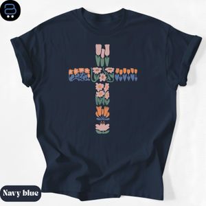 Cotton Floral Cross Christian Cross Jesus Faith T Shirt NAVY BLUE