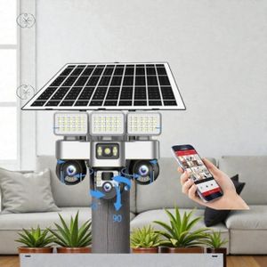 Easy To Install Solar Powered For Homes And Businesses 12MP 4G PTZ Rotating Triple Lens Two In One V380 Pro 12MP 4G Sim card PTZ Rotating Three Triple Lens screens Outdoor Security Solar CCTV Camera with High Brightness Led Solar Flood Light