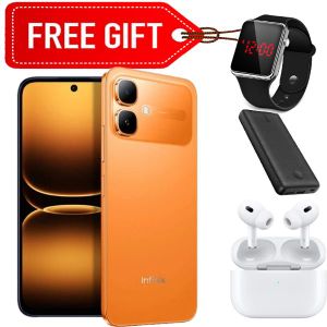 Infinix smart 20, 6.67", Up to 8GB RAM + 128GB (Dual SIM), 5200 mAh, 4G - Black (1YR WRTY) Orange + Led Watch, Earpods &  Power bank