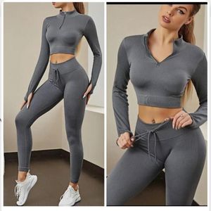 Stylish Women’s 2-Piece Ribbed Bodycon Gym/Lounge/travel/athleisure Set – Long Sleeve Zip Crop Top & High-Waist Leggings- Grey