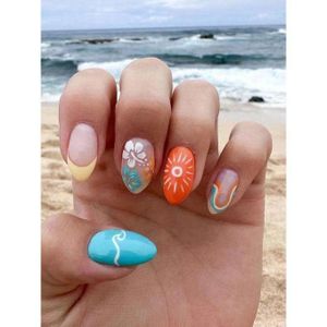 24pcs Sunshine Themed ral & Stripe Short Al Shape Artificial Nail Tips Set, Suitable For