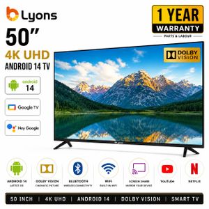 Lyons 50 Inch 4K UHD Android TV, Dolby Vision, Bluetooth, WiFi, Frameless, 1 Year Warranty