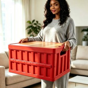 Plastic Folding Storage Box with Wooden Lid, Collapsible Outdoor Camping Storage Crate, Stackable Car Organizer for Travel, Picnic, Home Organization