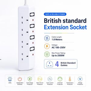 4-Way UK British Standard Extension Socket Heavy-Duty 1.8M Power Strip - EX44-R White