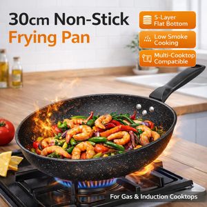 KITCHA 30cm Maifan Stone Non-Stick Frying Pan, Five-Layer Flat Bottom Wok, Low Smoke, Suitable for Gas & Induction Cookers (Without Lid)