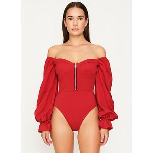 Red bodysuit with puff sleeves