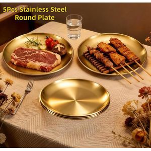5Pcs Stainless Steel Dinner Plate,Spitting Dish and Bone Dish,Dining Disc Round Plate,Fruit Dessert Steak Plate-Glod