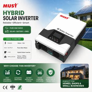 Must 1.5kVA Hybrid Solar Inverter 12V Pure Sine Wave with Built-in MPPT Charge Controller for Home & Office Backup Power