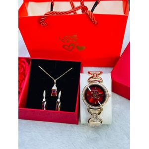 Valentine gift channel watch Gold red with Necklace and Earrings Gold red classic watch for ladies