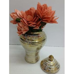 Large Gold-Plated White Ceramic Ginger Jar, Luxury Striped Vacuum-Sealed Vase, Modern Ceramic Storage Urn with Gold Accents