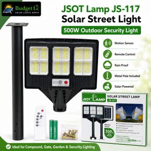 JSOT 500W Solar Street Light JS-117 All In One Outdoor Security Lamp With Pole, Motion Sensor, Remote & Rainproof LED Light