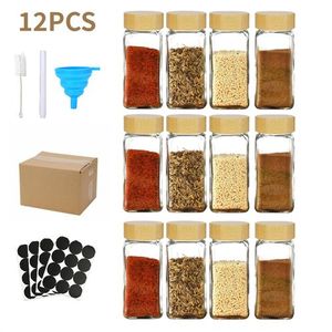 Set of 12 Square Spice Bottles with Lid, Glass Spice Container, Spice Storage