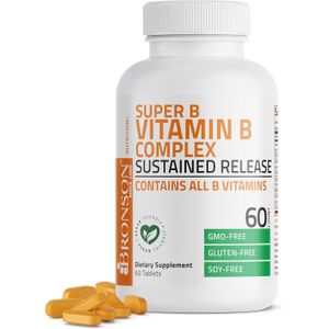 Bronson Super B Vitamin B Complex. Sustained Slow Release (Vitamin B1, B2, B3, B6, B9 - Folic Acid, B12). Contains All B Vitamins. 60 Count.
