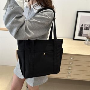 Black Canvas Tote Bags Large Capacity Shoulder Bag For Women Students Daily Use Travel Work