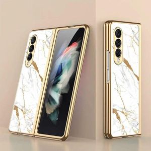 Marble ) SHIEID Samsung Z Fold 3 Case, Z Fold 3 Case Ultra-Thin Tempered Glass Phone Case Protective Cover for Samsung Galaxy Z Fold 3 5G Fashion Electroplated PC Back Cover, 