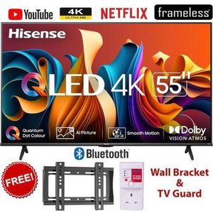 Hisense 55" INCH 4K QLED SMART TV,DOLBY VISION,BLUETOOTH-ENABLED-FRAMELESS, MODEL 2025-(2-YEAR WARRANTY)+FREE WALL BRACKET+TV GUARD