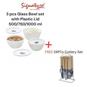 Signature 3 pcs Serving or Mixing Bowls set with Plastic Lid + FREE 24PCs Cutlery Set