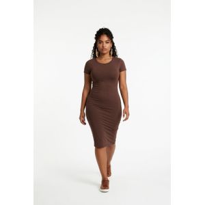 BROWN SHORT-SLEEVED BODYCON MIDI DRESS