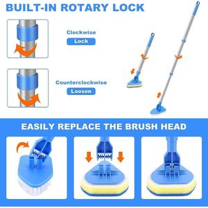 3-in-1 Multi-Functional Cleaning Brush and Tub Scrubber Mop – Long Extendable Telescopic Pole with Interchangeable Hard Bristle Brush Head and 3-Layer Scouring Sponge Pads for Bathroom, Tile, Windows, and Floors